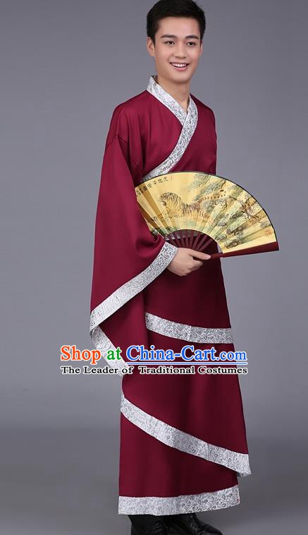 China Ancient Han Dynasty Scholar Costume Wine Red Curving-front Robe for Men