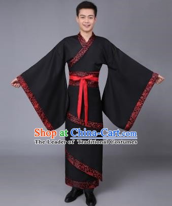 China Ancient Han Dynasty Scholar Costume Black Curving-front Robe for Men