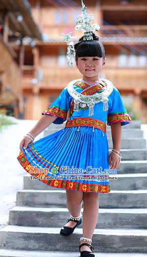 Traditional Chinese Miao Minority Nationality Costume Hmong Folk Dance Blue Dress for Kids
