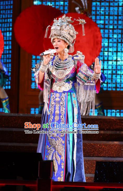 Traditional Chinese Miao Minority Nationality Folk Dance Costume and Headwear Complete Set for Women
