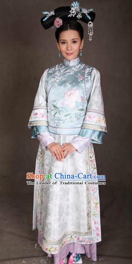 Ancient Chinese Qing Dynasty Manchu Kangxi Imperial Concubine Embroidered Historical Dress Costume for Women