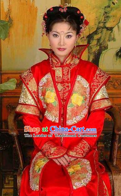 Chinese Ancient Qing Dynasty Manchu Empress Dowager Xiao Zhuang Embroidered Red Dress Historical Costume for Women
