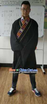Traditional Chinese Zang Nationality Costume, Tibetan Ethnic Minority Kang-pa Black Tibetan Robe for Men