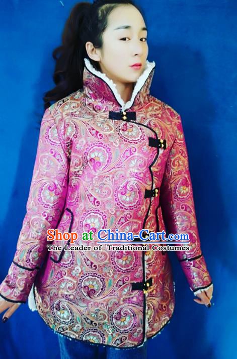Chinese Tibetan Nationality Dance Costume, Traditional Zang Ethnic Minority Pink Cotton-padded Jacket for Women