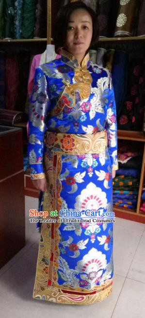 Chinese Tibetan Nationality Costume Royalblue Tibetan Robe, Traditional Zang Ethnic Minority Dress Clothing for Women