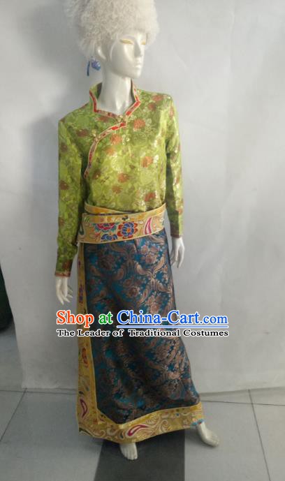 Chinese Tibetan Nationality Costume Green Dress, Traditional Zang Ethnic Minority Clothing for Women