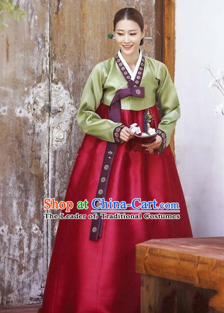 Korean Traditional Bride Hanbok Clothing Green Blouse and Wine Red Dress Korean Fashion Apparel Costumes for Women