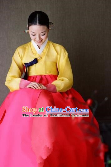 Korean Traditional Palace Clothing Hanbok Yellow Blouse and Red Dress Korea Fashion Apparel for Women