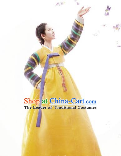 Korean Traditional Palace Clothing Hanbok Fashion Apparel Yellow Dress for Women
