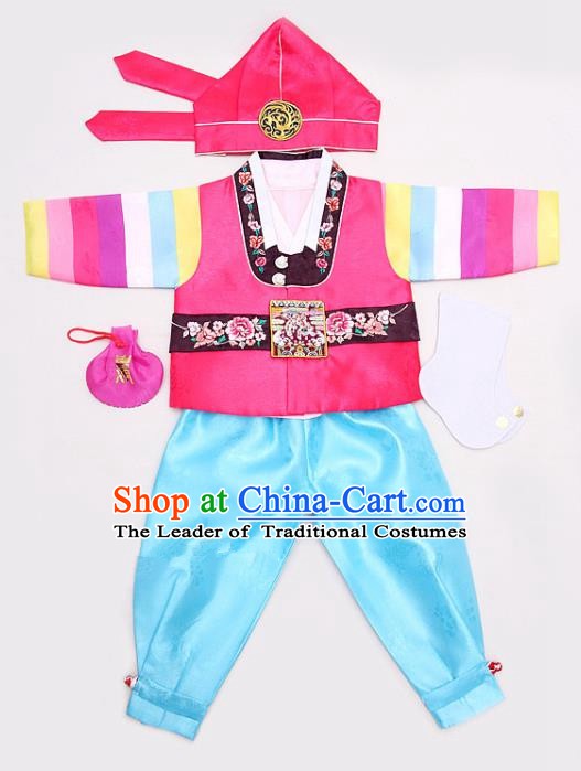Korean Traditional Hanbok Clothing Korean Boys Hanbok Costumes Pink Shirt and Blue Pants for Kids