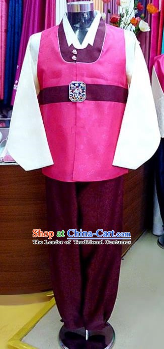 Asian Korean Traditional Hanbok Clothing Ancient Korean Rosy Shirt and Purple Pants Costume for Men