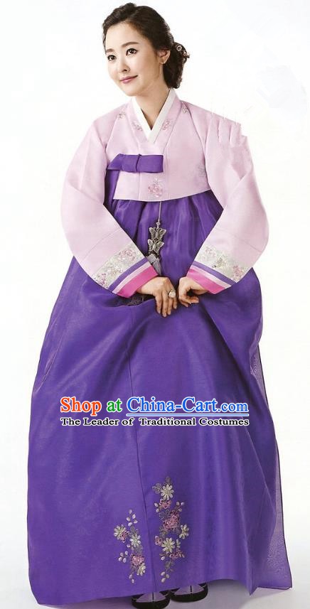 Korean Traditional Garment Palace Hanbok Pink Blouse and Purple Dress Fashion Apparel Bride Costumes for Women