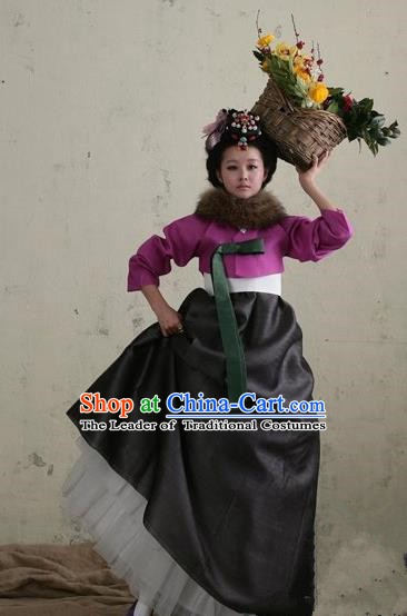 Top Grade Korean Palace Hanbok Traditional Purple Blouse and Black Dress Fashion Apparel Costumes for Women