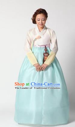 Top Grade Korean Hanbok Traditional White Blouse and Blue Dress Fashion Apparel Costumes for Women