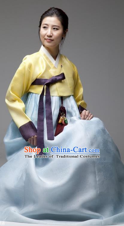Top Grade Korean Hanbok Traditional Bride Yellow Blouse and Blue Dress Fashion Apparel Costumes for Women
