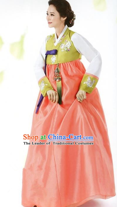 Top Grade Korean Traditional Hanbok Green Blouse and Orange Dress Fashion Apparel Costumes for Women