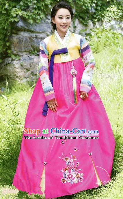 Top Grade Korean Traditional Hanbok Yellow Blouse and Rosy Dress Fashion Apparel Costumes for Women