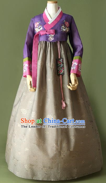 Top Grade Korean Traditional Hanbok Purple Blouse and Grey Dress Fashion Apparel Costumes for Women