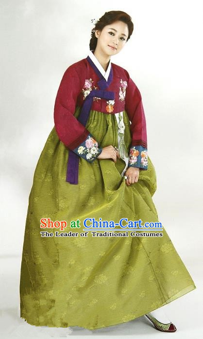 Top Grade Korean Traditional Hanbok Wine Red Blouse and Green Dress Fashion Apparel Costumes for Women