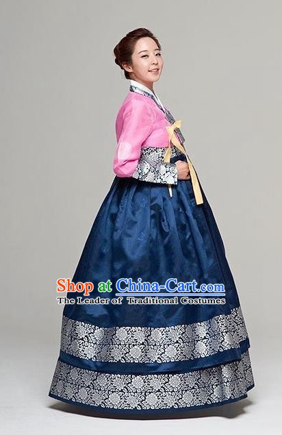 Top Grade Korean Traditional Hanbok Bride Pink Blouse and Navy Dress Fashion Apparel Costumes for Women