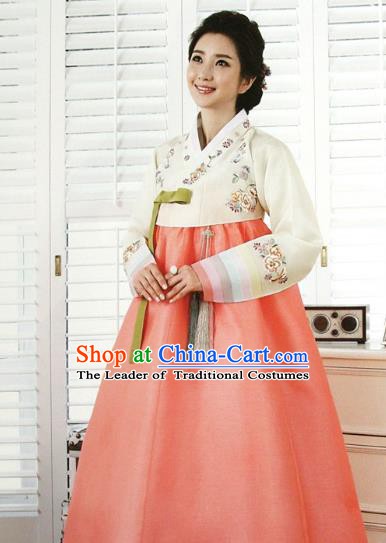 Top Grade Korean Traditional Hanbok Bride White Blouse and Orange Dress Fashion Apparel Costumes for Women