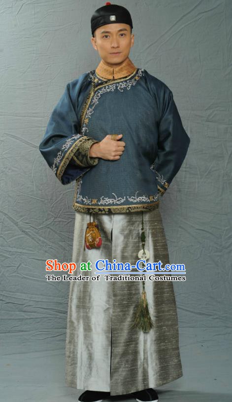 Chinese Ancient Qing Dynasty Scholars Section Du Zhenming Robe Replica Costume for Men