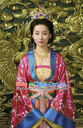 Chinese Ancient Ming Dynasty Imperial Empress Embroidered Dress Costume and Headpiece Complete Set for Women