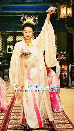 Chinese Ancient Ming Dynasty Palace Imperial Concubine Embroidered Dance Dress Costume and Headpiece Complete Set for Women