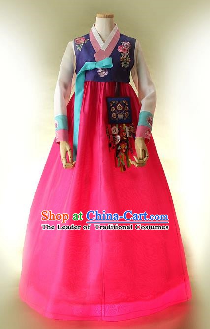 Top Grade Korean Hanbok Traditional Bride Purple Blouse and Rosy Dress Fashion Apparel Costumes for Women