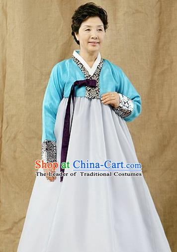 Top Grade Korean Hanbok Traditional Blue Blouse and White Dress Fashion Apparel Costumes for Women