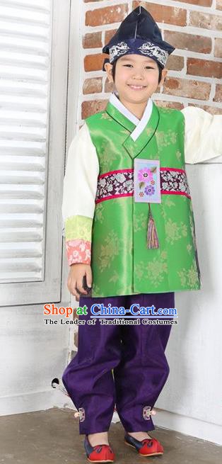 Asian Korean Hanbok Ancient Palace Boys Green Shirt and Purple Pants Traditional Costume for Kids