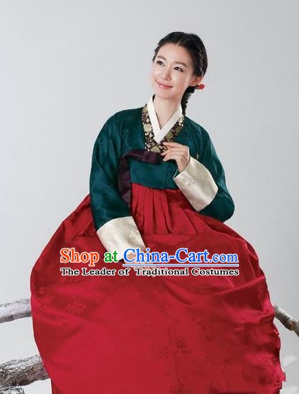 Top Grade Korean Hanbok Traditional Atrovirens Blouse and Red Dress Fashion Apparel Costumes for Women