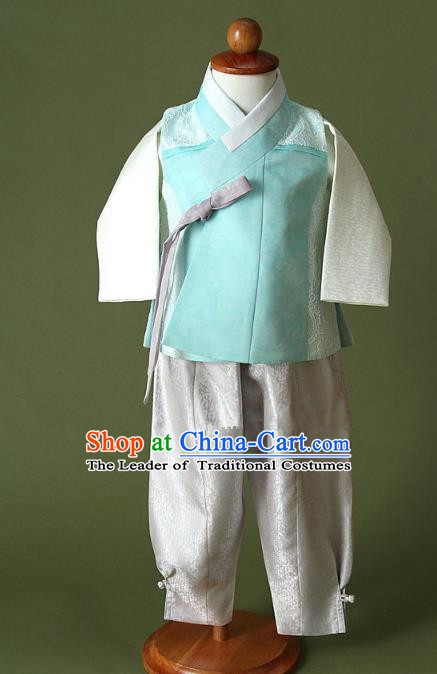 Asian Korean Hanbok Ancient Palace Boys Blue Shirt and Grey Pants Traditional Costume for Kids