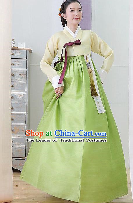 Top Grade Korean Hanbok Traditional Yellow Blouse and Green Dress Fashion Apparel Costumes for Women
