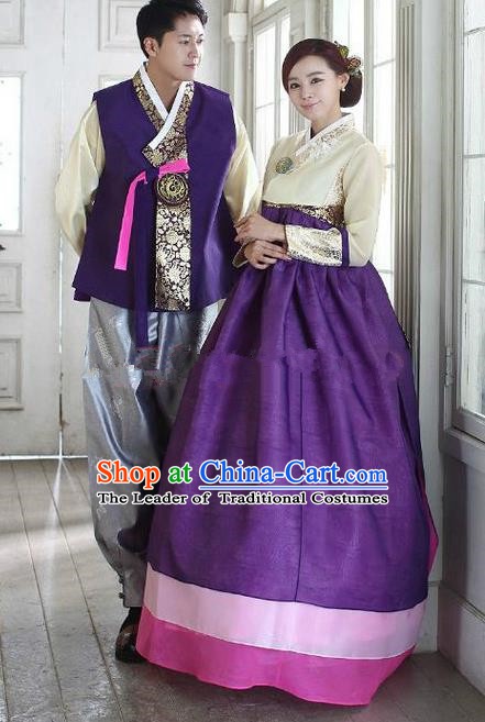 Asian Korean Traditional Purple Costume Ancient Bridegroom and Bride Hanbok Complete Set