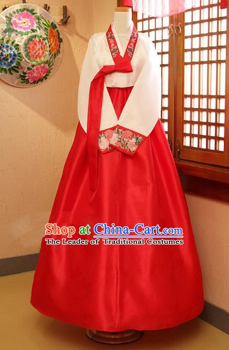 Top Grade Korean Traditional Palace Hanbok Ancient White Blouse and Red Dress Fashion Apparel Costumes for Women