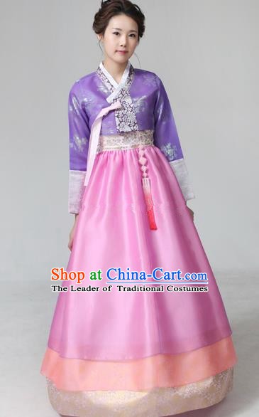 Top Grade Korean Hanbok Ancient Traditional Fashion Apparel Costumes Purple Blouse and Pink Dress for Women