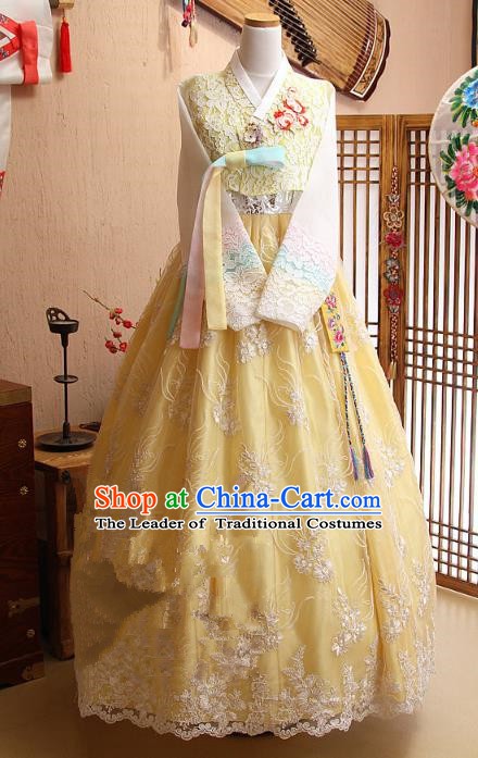 Top Grade Korean Hanbok Ancient Traditional Fashion Apparel Costumes Yellow Lace Blouse and Dress for Women