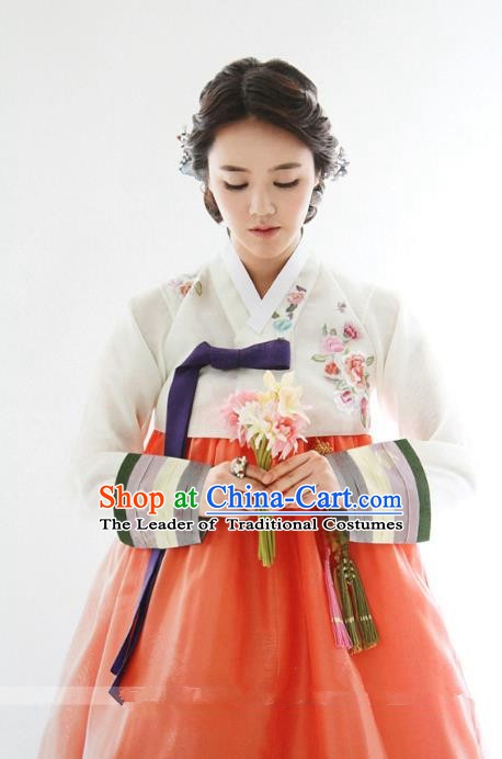 Top Grade Korean Hanbok Ancient Traditional Fashion Apparel Costumes White Blouse and Orange Dress for Women