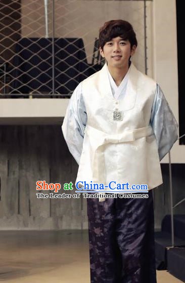 Traditional Korean Costumes Ancient Korean Male Hanbok Bridegroom Costume White Vest and Purple Pants for Men