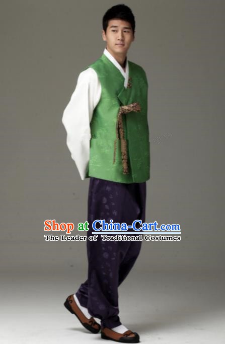 Traditional Korean Costumes Ancient Korean Male Hanbok Bridegroom Costume Green Vest and Purple Pants for Men
