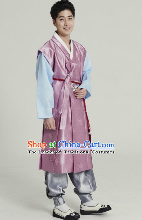Traditional Korean Costumes Ancient Korean Male Hanbok Bridegroom Costume Pink Vest and Grey Pants for Men