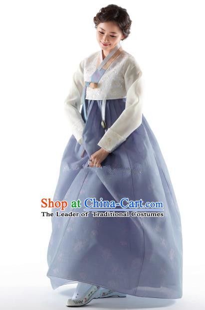 Korean Traditional Bride Hanbok White Blouse and Blue Embroidered Dress Ancient Formal Occasions Fashion Apparel Costumes for Women