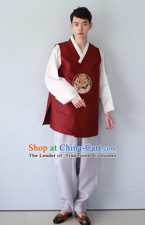 Traditional Korean Costumes Ancient Palace Korean Bridegroom Hanbok Wine Red Vest and Grey Pants for Men