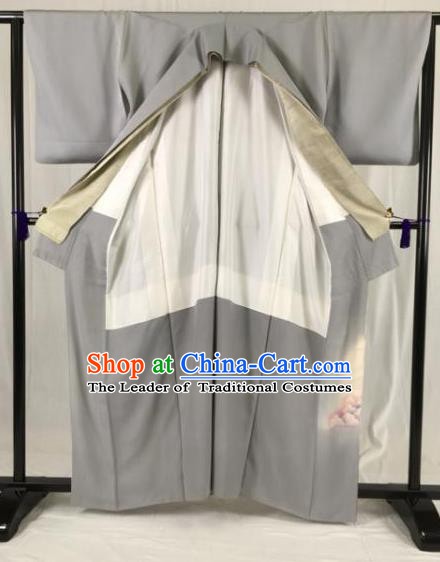 Japanese Ancient Samurai Kimono Grey Yukata Robe Traditional Wafuku Hakama Haori Clothing for Men