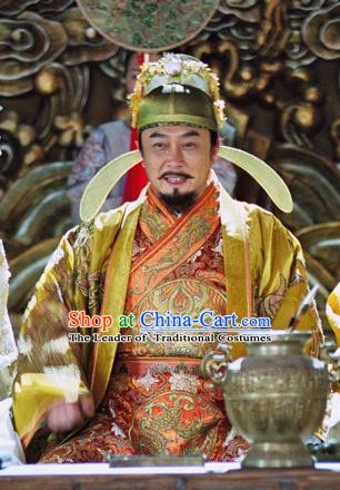Chinese Ancient Tang Dynasty Emperor Taizong Li Shimin Embroidered Replica Costume and Hats for Men