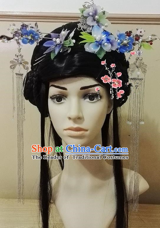 Chinese Ancient Palace Lady Hair Accessories Blue Flowers Hairpins Tassel Step Shake Complete Set for Women