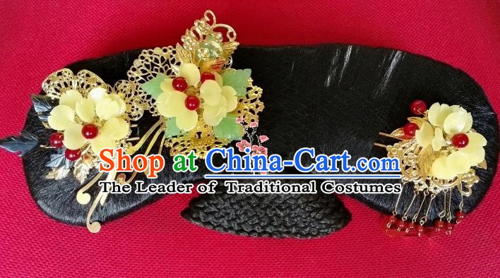 Chinese Ancient Qing Dynasty Hair Accessories Manchu Lady Hairpins and Wig for Women