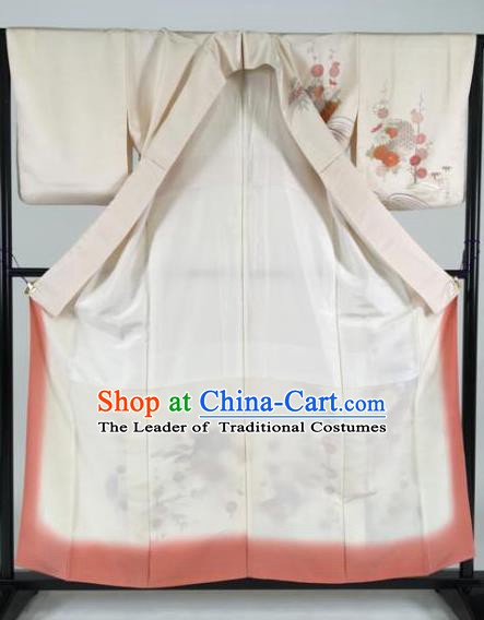 Japan Traditional Kimonos White Silk Palace Furisode Kimono Ancient Yukata Dress Formal Costume for Women