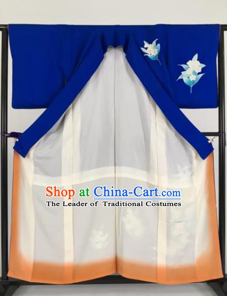 Japan Traditional Deep Blue Kimonos Furisode Kimono Ancient Yukata Dress Formal Costume for Women